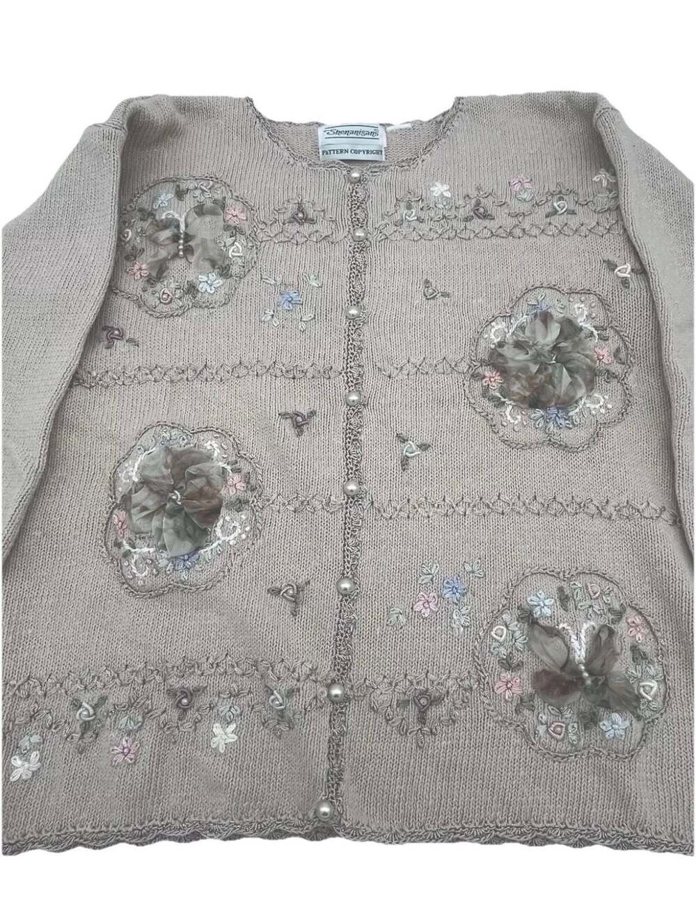 VINTAGE Shenanigans cotton embroidered beaded fringe sweater Medium grannycore